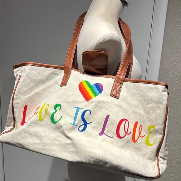 White and Brown Tote with Rainbow Message - Picture 9 of 14